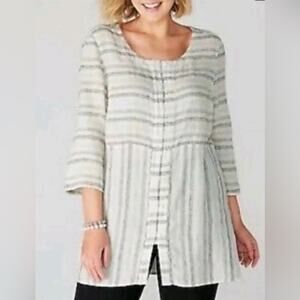 Pure Jill Linen Cotton Striped Button Down Lagenlook 3/4 Sleeve Shirt Tunic XS